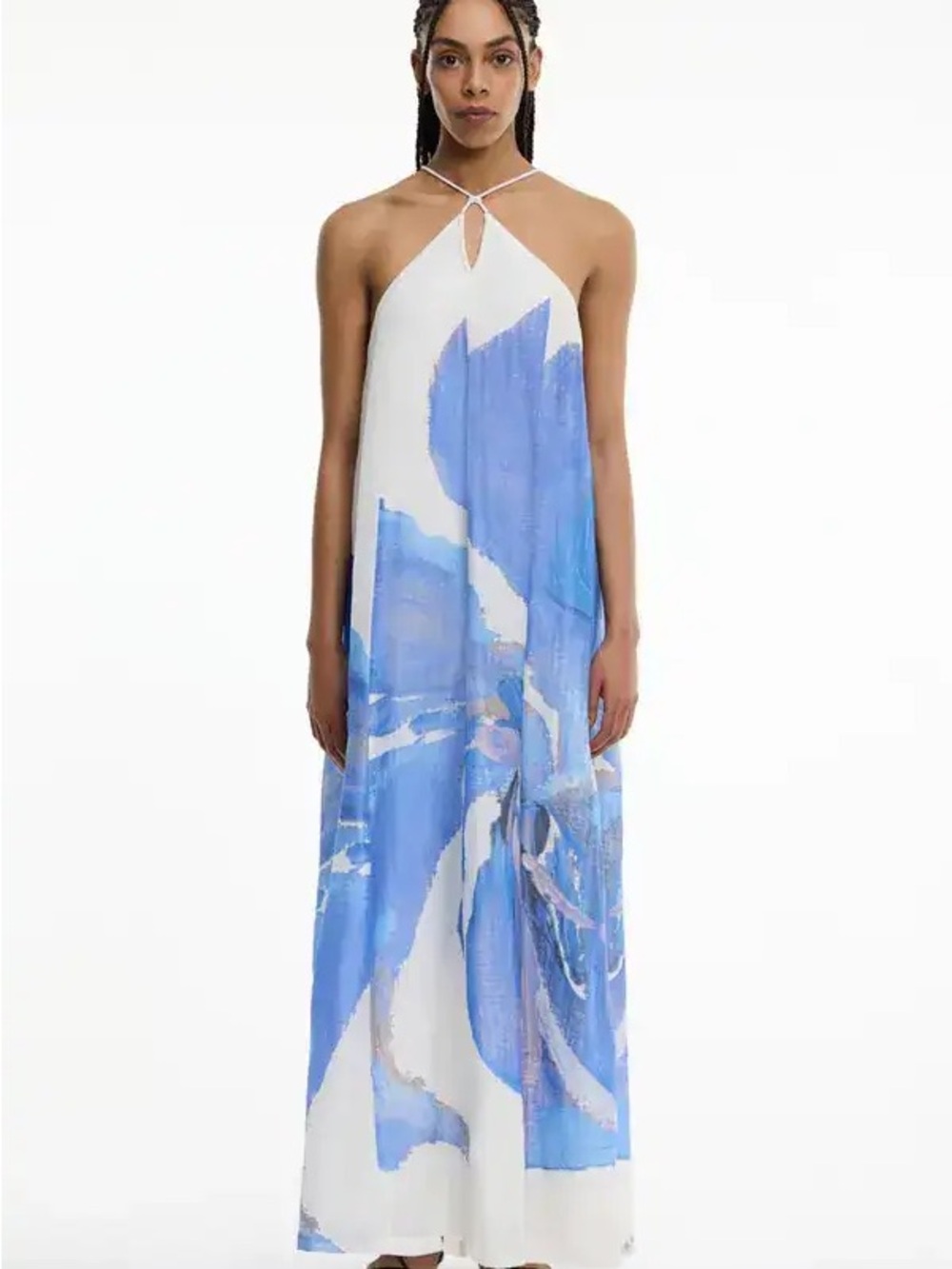 Hand-Painted Blue & White Halter Maxi Dress